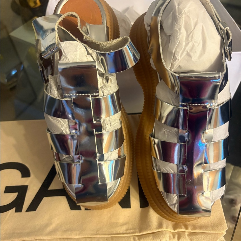 Ganni Silver Strappy Sandals new in the box sz 10 - Picture 2 of 14